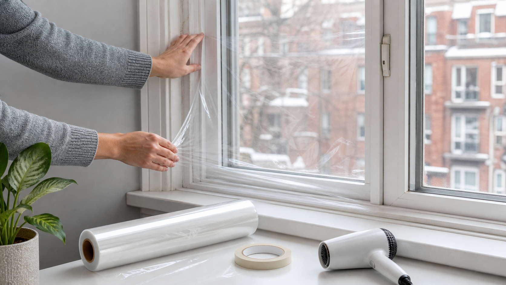 Clear shrink film being smoothed across the inside of an apartment window, with a film roll, removable tape, and hair dryer ready for installation