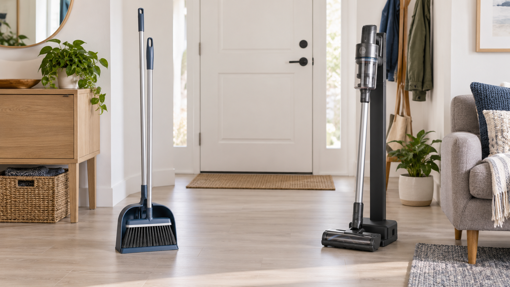 Unbranded upright broom and dustpan set beside a cordless stick vacuum in its floor dock in a bright small apartment entry
