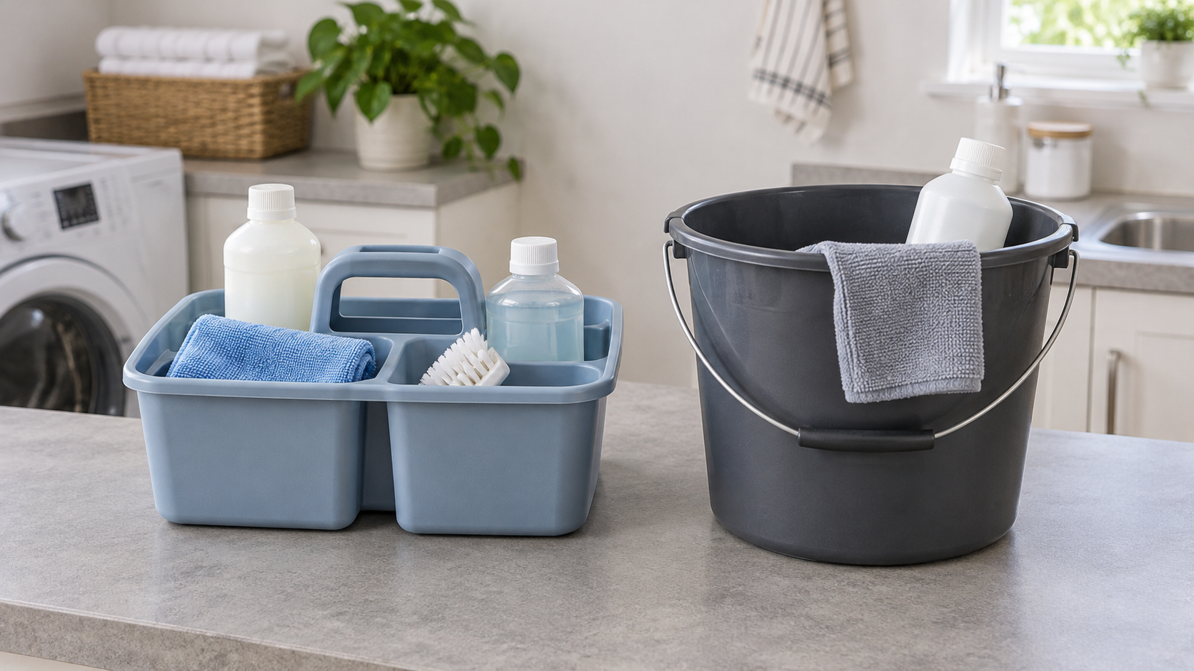 Muted blue divided cleaning caddy and charcoal utility bucket holding plain capped bottles, cloths, and a scrub brush on a utility-room counter