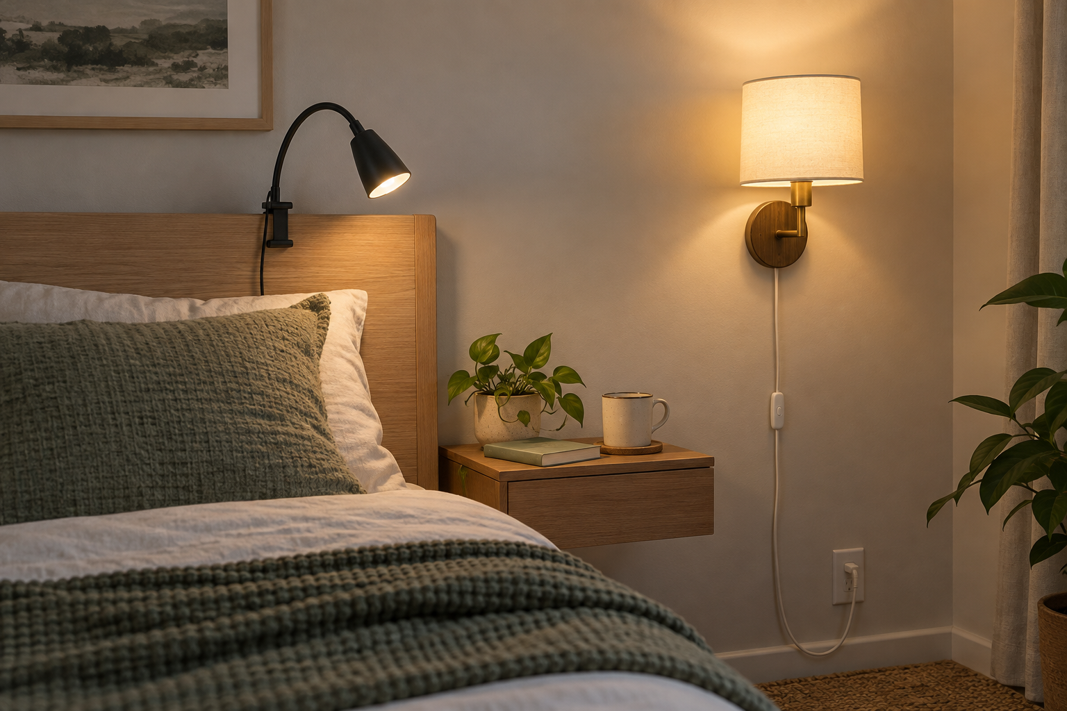 Unbranded clip-on reading lamp clamped to a wood headboard beside an unbranded plug-in wall sconce with its cord visible in a compact bedroom