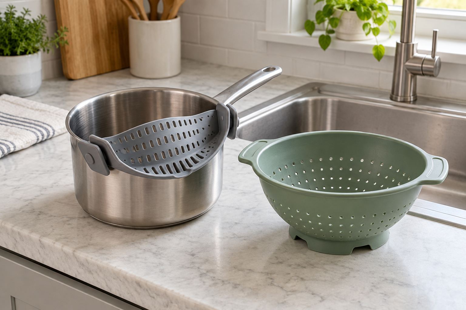 Gray clip-on strainer attached to a stainless-steel saucepan beside a green freestanding colander on a compact kitchen counter