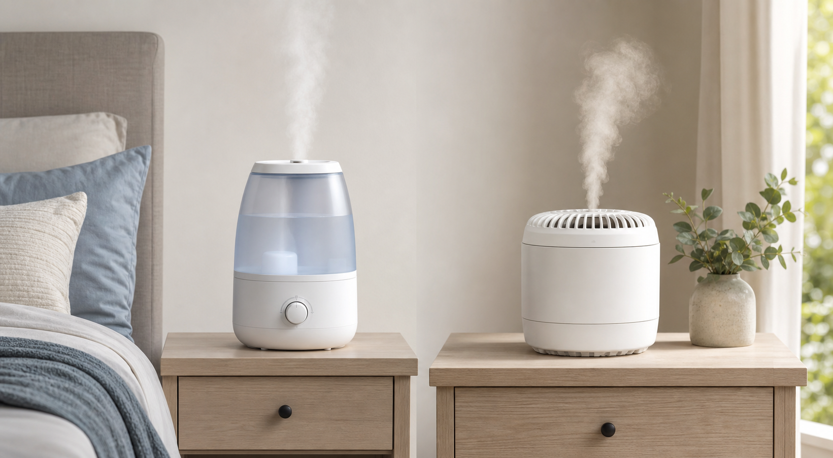 A cool mist humidifier and a warm mist humidifier on separate stable bedroom surfaces