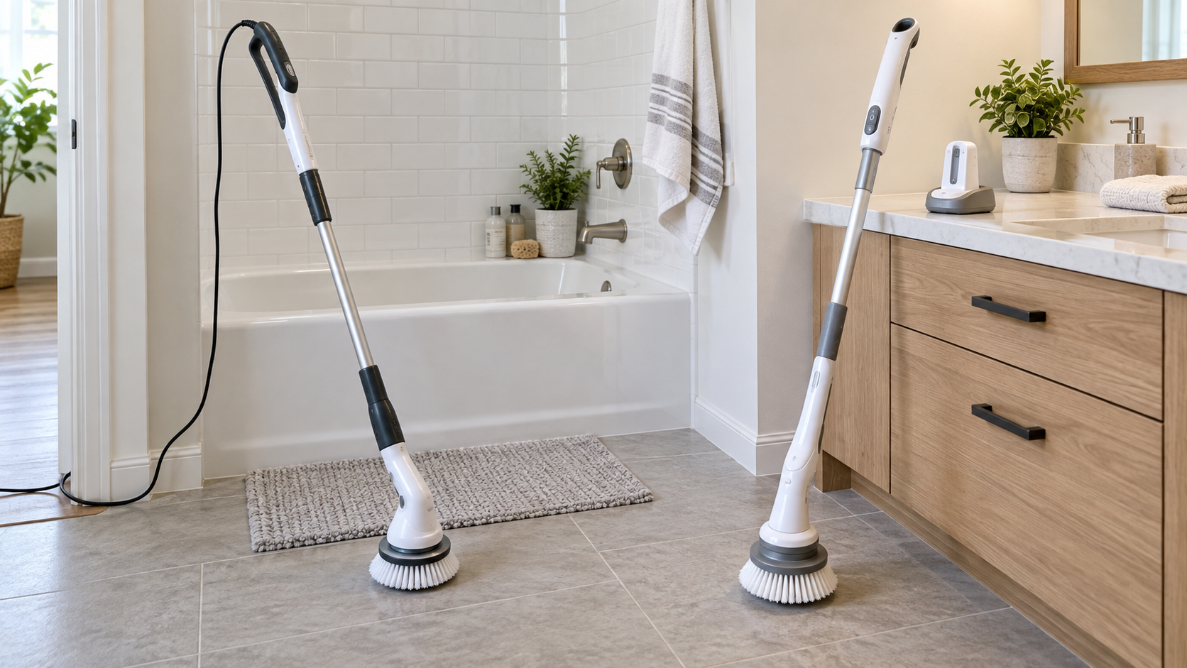 A corded and a cordless long-handle electric spin scrubber standing with equal prominence in a dry tiled bathroom, with the cord routed outside the tub and the charger on a dry vanity