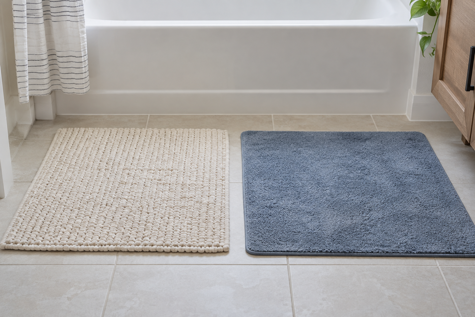 Looped off-white cotton bath mat and low-pile blue microfiber bath mat side by side on a tiled floor beside a bathtub