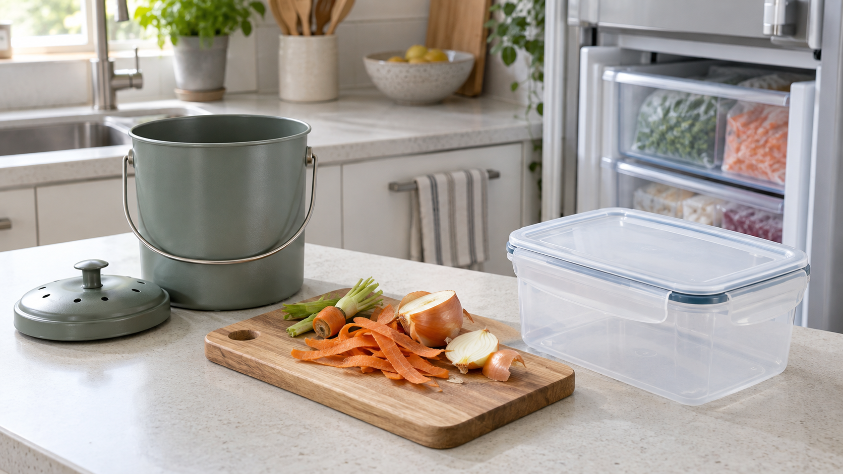 An unbranded metal countertop compost caddy and clear freezer-safe lidded container beside carrot peelings and onion ends in a small kitchen