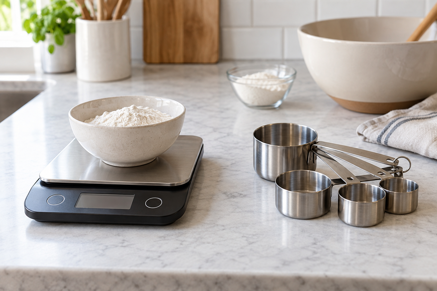 An unbranded digital kitchen scale holding a bowl of flour beside a nested set of stainless steel measuring cups on a home kitchen counter