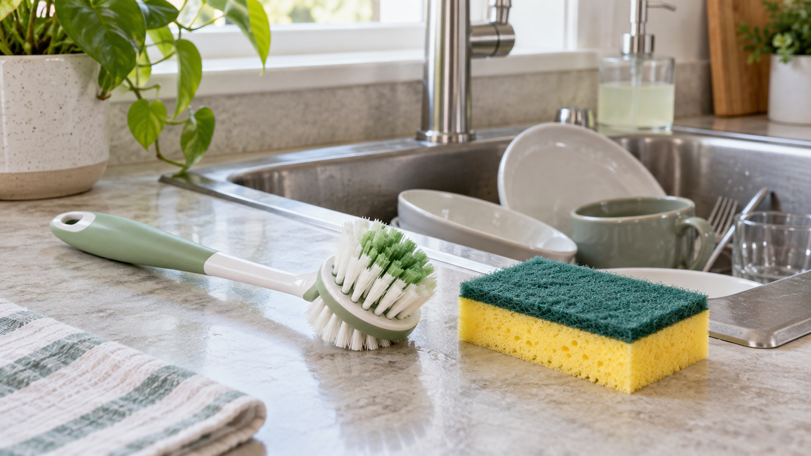 Unbranded long-handled dish brush and two-layer cellulose scrub sponge placed beside a stainless-steel kitchen sink with ordinary dishes