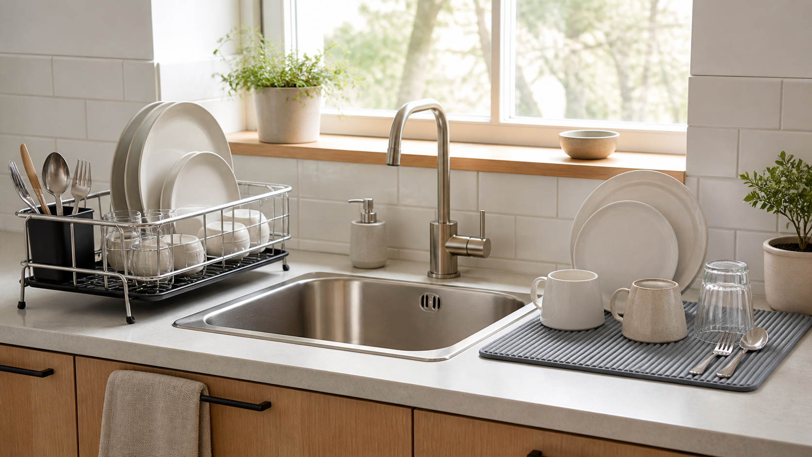 Compact dish rack and gray drying mat compared beside a small kitchen sink