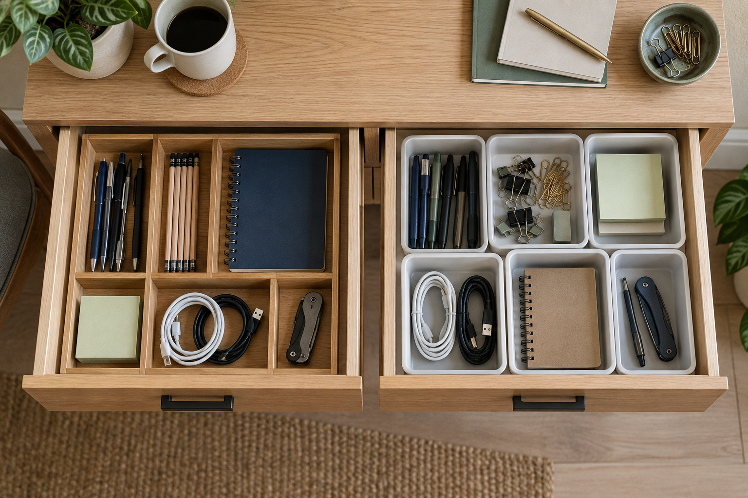 Two open light-wood home-office drawers, one organized with wood dividers and the other with separate white bins for pens, cables, notebooks, clips, and small tools