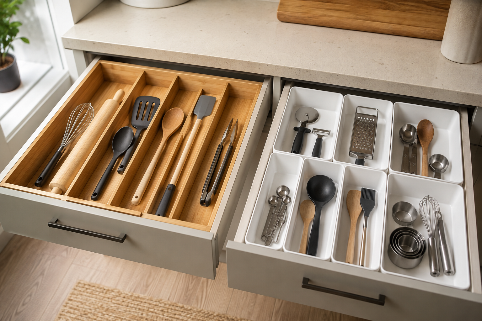 Two open kitchen drawers comparing an expandable wood utensil organizer with separate modular white bins