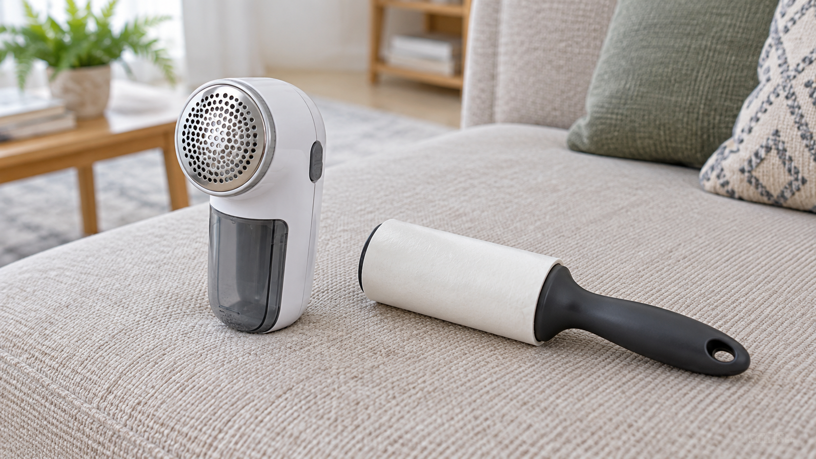 Unbranded fabric shaver and reusable lint roller beside visibly pilled upholstery and a sweater with loose fibers