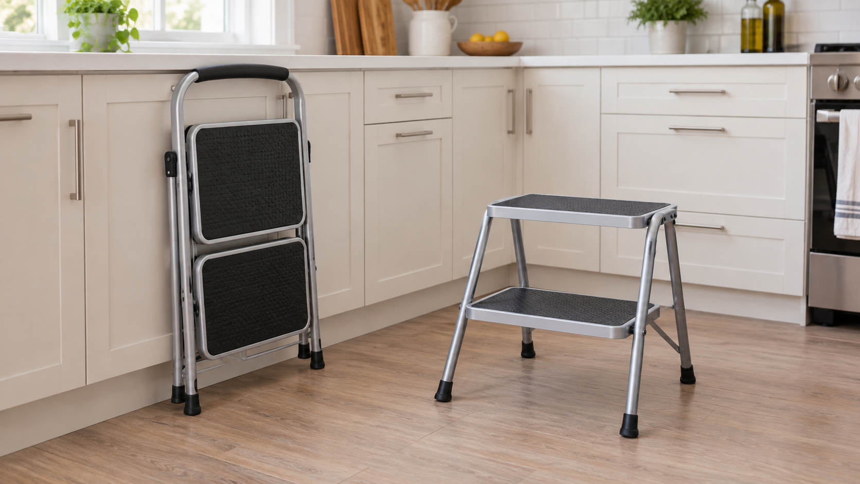 A folded metal two-step stool beside an open fixed two-step stool on a dry, level kitchen floor