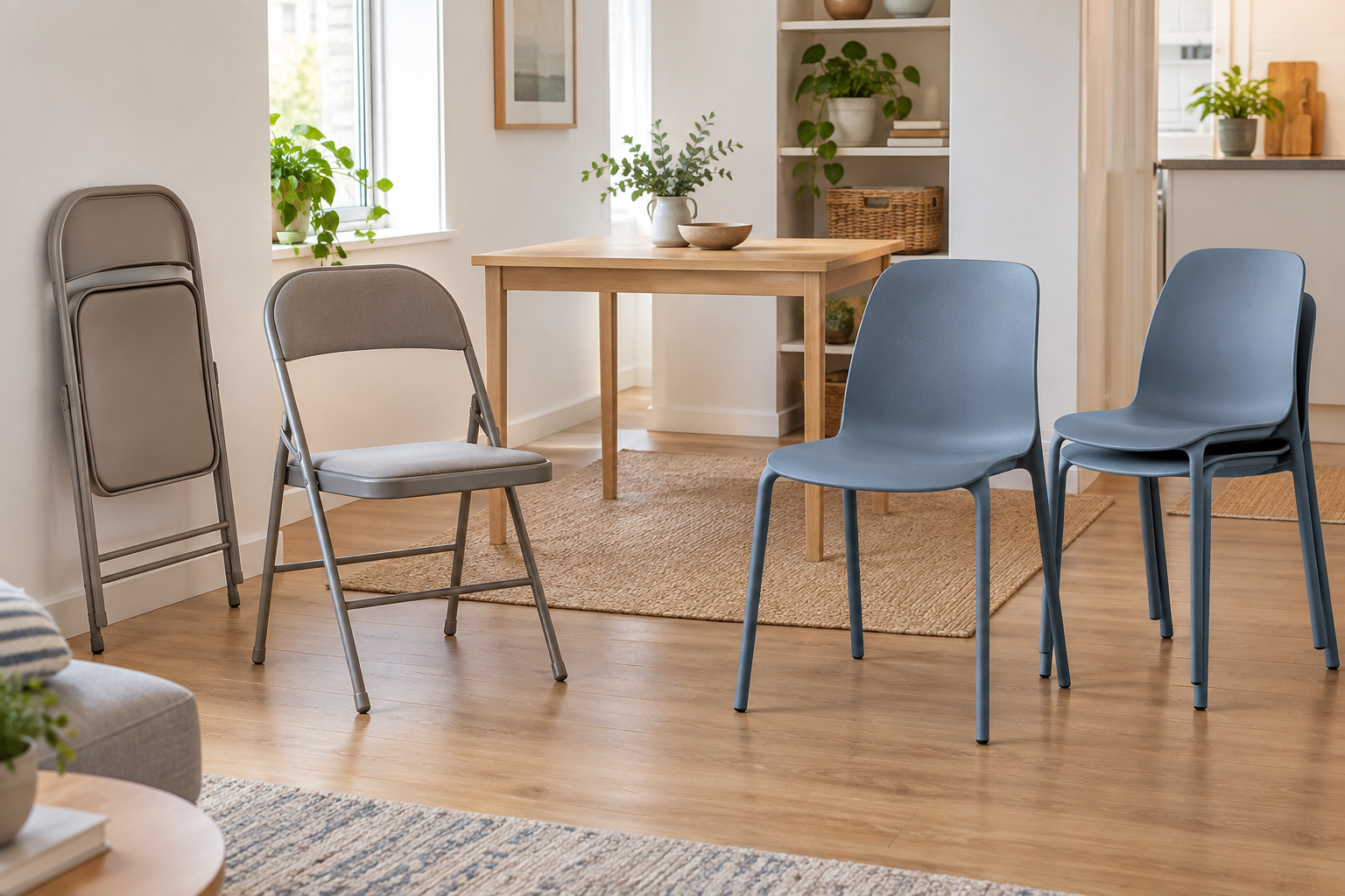 An open and folded guest chair beside an open chair and a short stack of stackable chairs in a compact living and dining room
