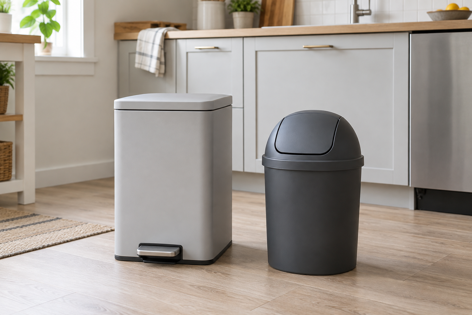 Unbranded light-gray foot-pedal trash can and charcoal swing-top trash can shown side by side with their lid mechanisms visible in a small kitchen