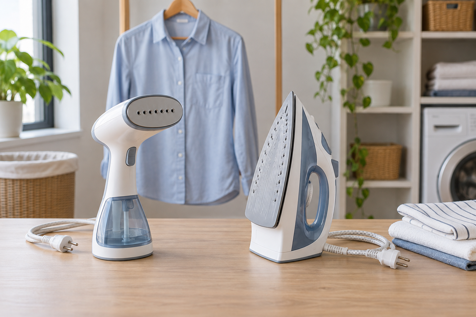 Unbranded compact handheld garment steamer and conventional steam iron resting unplugged on a wood worktop in a small apartment laundry area