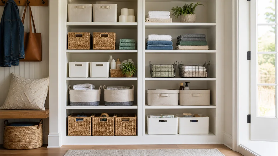 Neatly organized home storage shelves with baskets, folded linens, and everyday household items