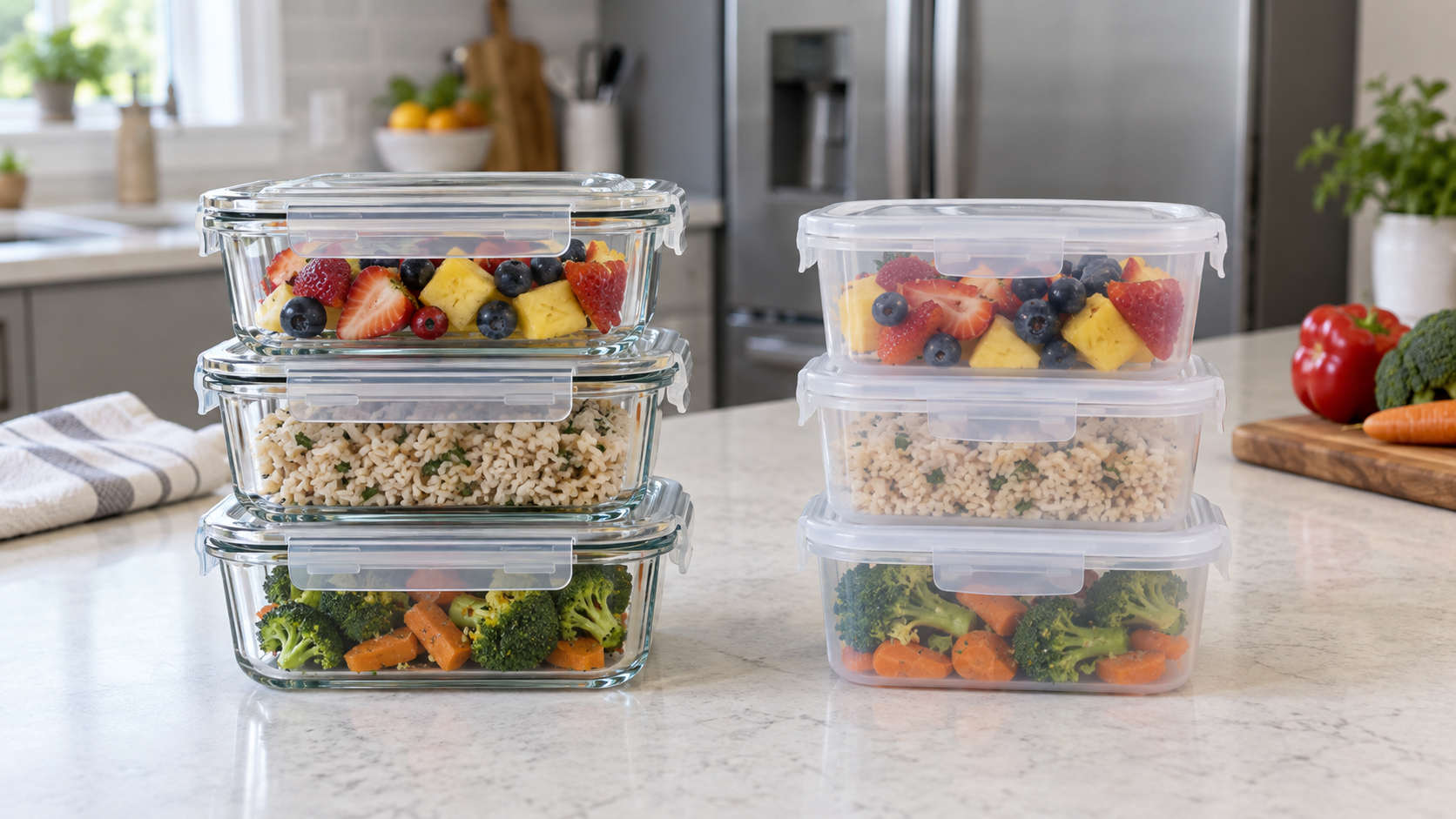 Three glass meal-prep containers beside three plastic containers filled with fruit, rice, and vegetables on a kitchen counter