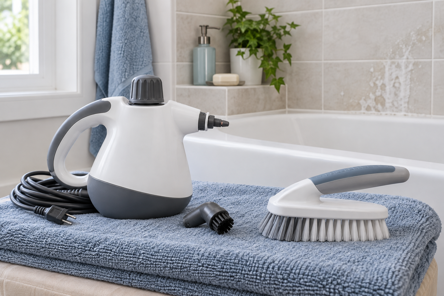 Unbranded white handheld steam cleaner with unplugged cord and attachment beside a gray manual scrub brush on a folded blue towel in a bright bathroom