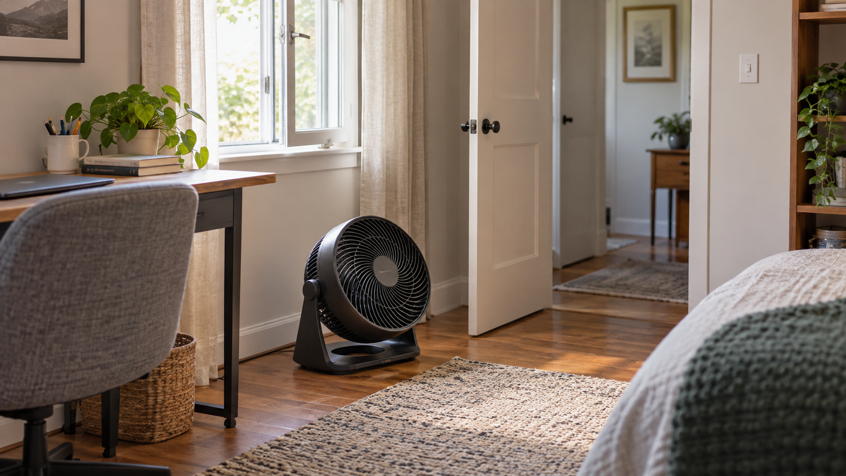 Unbranded compact air circulator on a clear floor area between a slightly open window and an open interior doorway