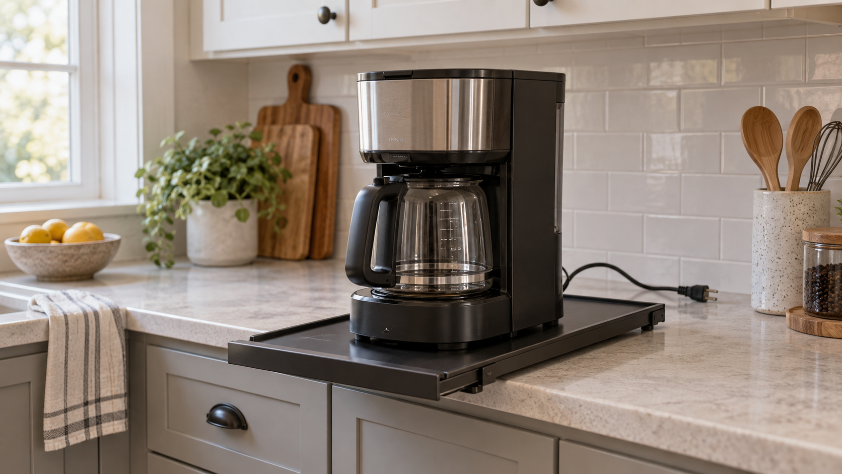 Unbranded coffee maker fully supported by a partly extended rectangular sliding tray on a deep kitchen counter, showing the stored-to-access travel path