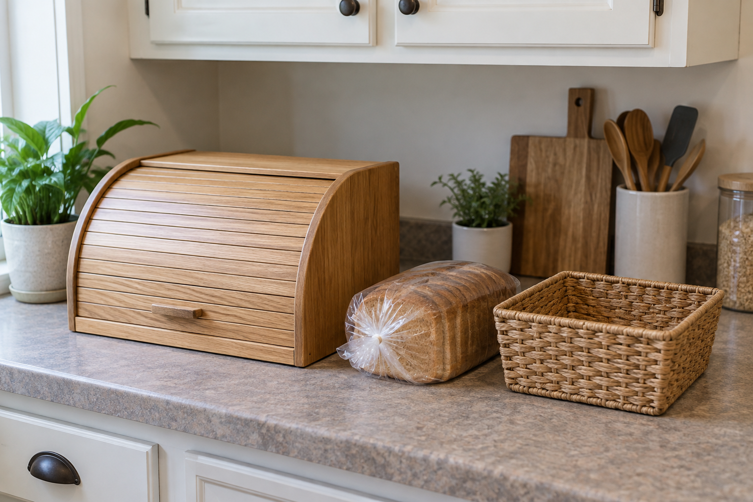 Wooden roll-top bread box beside a wrapped loaf and small storage basket on a compact kitchen counter, showing the space each option uses