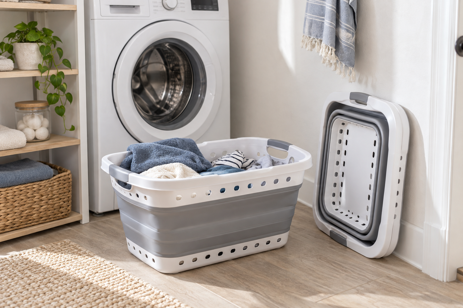 Open collapsible laundry basket holding clothes beside the same basket folded flat in a compact apartment laundry nook