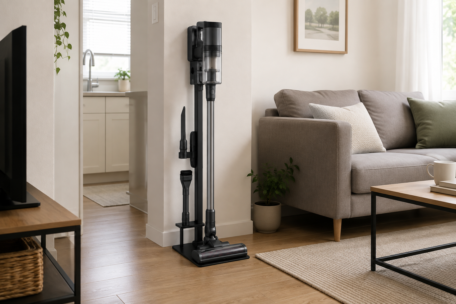 Unbranded cordless stick vacuum stored on a freestanding charging stand beside hard flooring and a low-pile rug in a small apartment