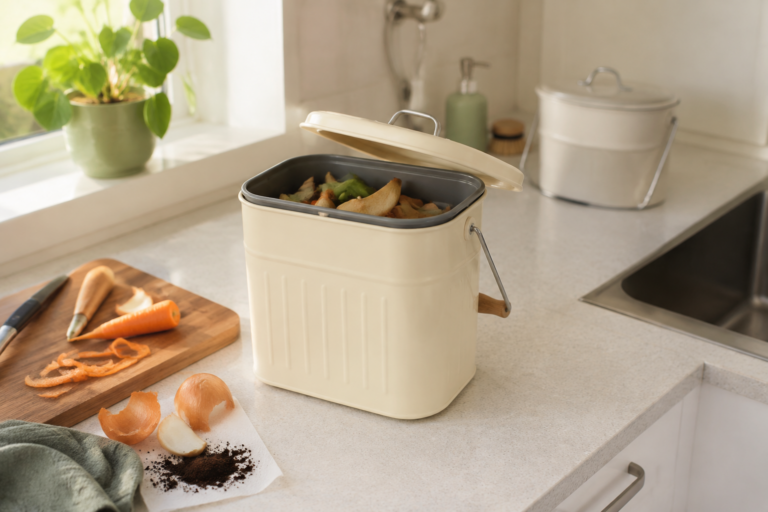 Unbranded compact lidded countertop food-scrap bin with a removable inner bucket beside carrot peel, onion skin, and coffee grounds in a small kitchen