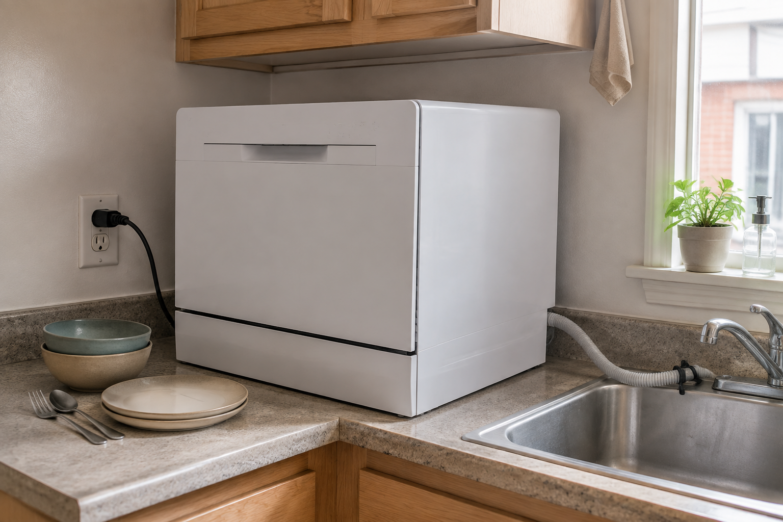 Compact countertop dishwasher beside a rental-kitchen sink, showing the counter footprint, upper-cabinet clearance, outlet, and temporary drain hose
