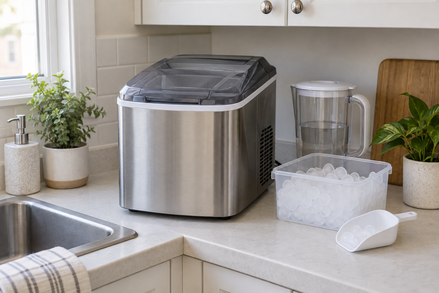 Unbranded compact countertop ice maker beneath kitchen cabinets beside a clear water pitcher, reusable ice container, and scoop, showing the appliance footprint in a small kitchen