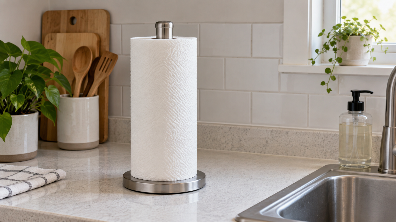 Freestanding metal paper towel holder with its full round base visible on a compact kitchen counter beside a sink