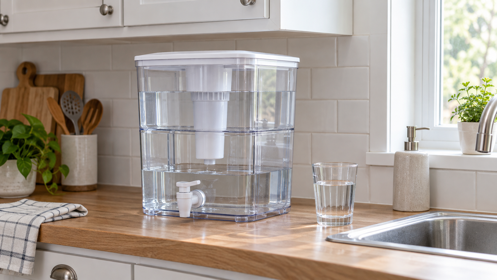 Clear gravity-fed water filter dispenser with upper fill reservoir, lower water reservoir, and front spigot on a compact kitchen counter