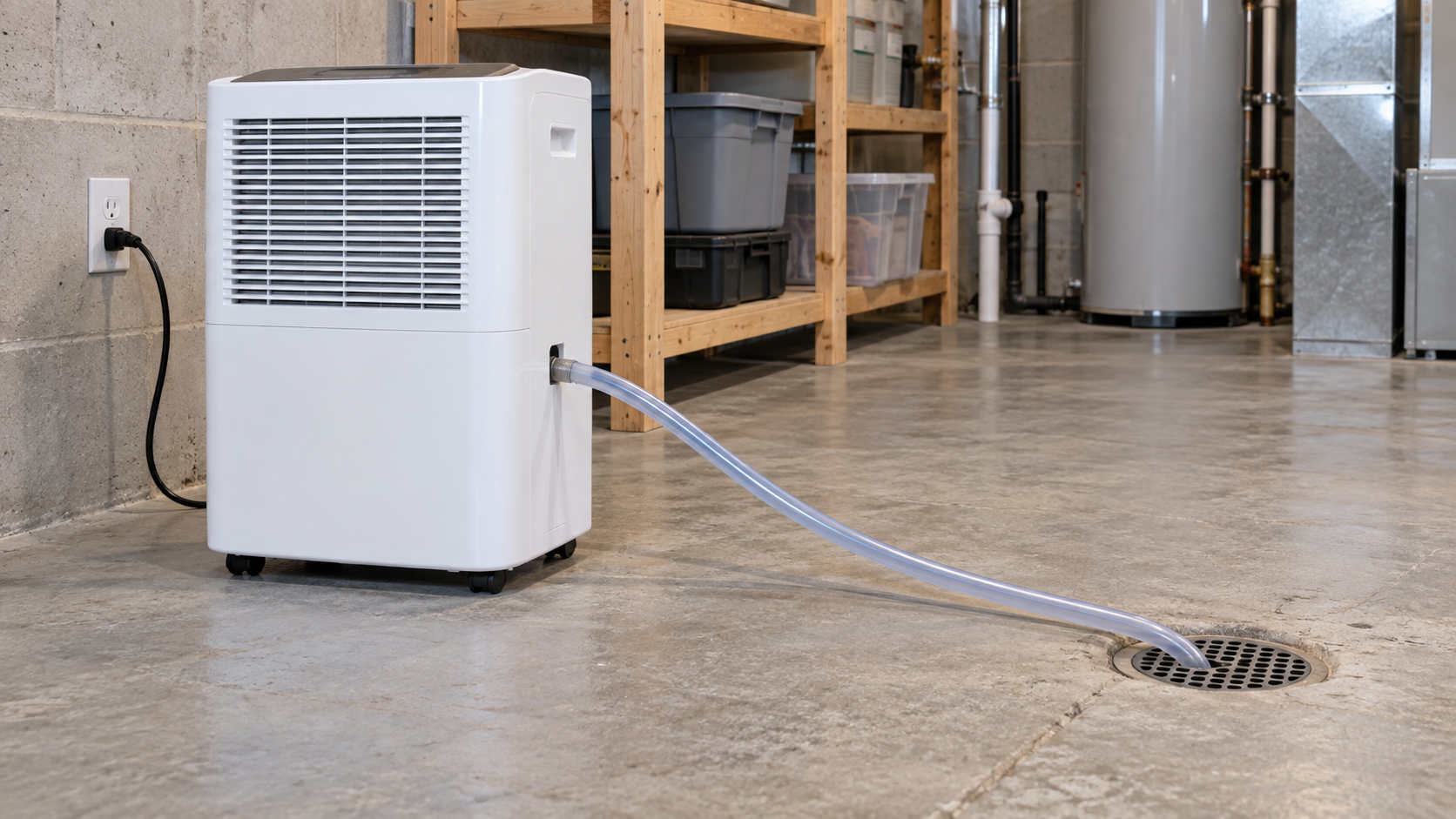 Portable basement dehumidifier with a clear gravity drain hose sloping continuously to a floor drain