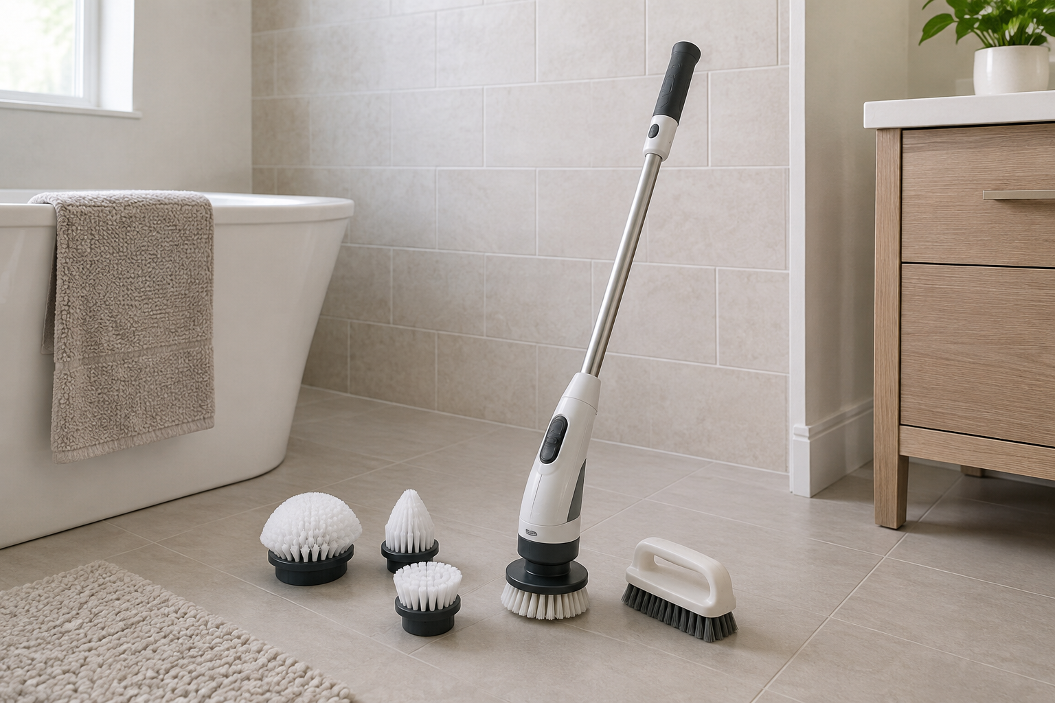 Unbranded cordless electric spin scrubber with interchangeable brush heads and a manual scrub brush on a dry bathroom floor