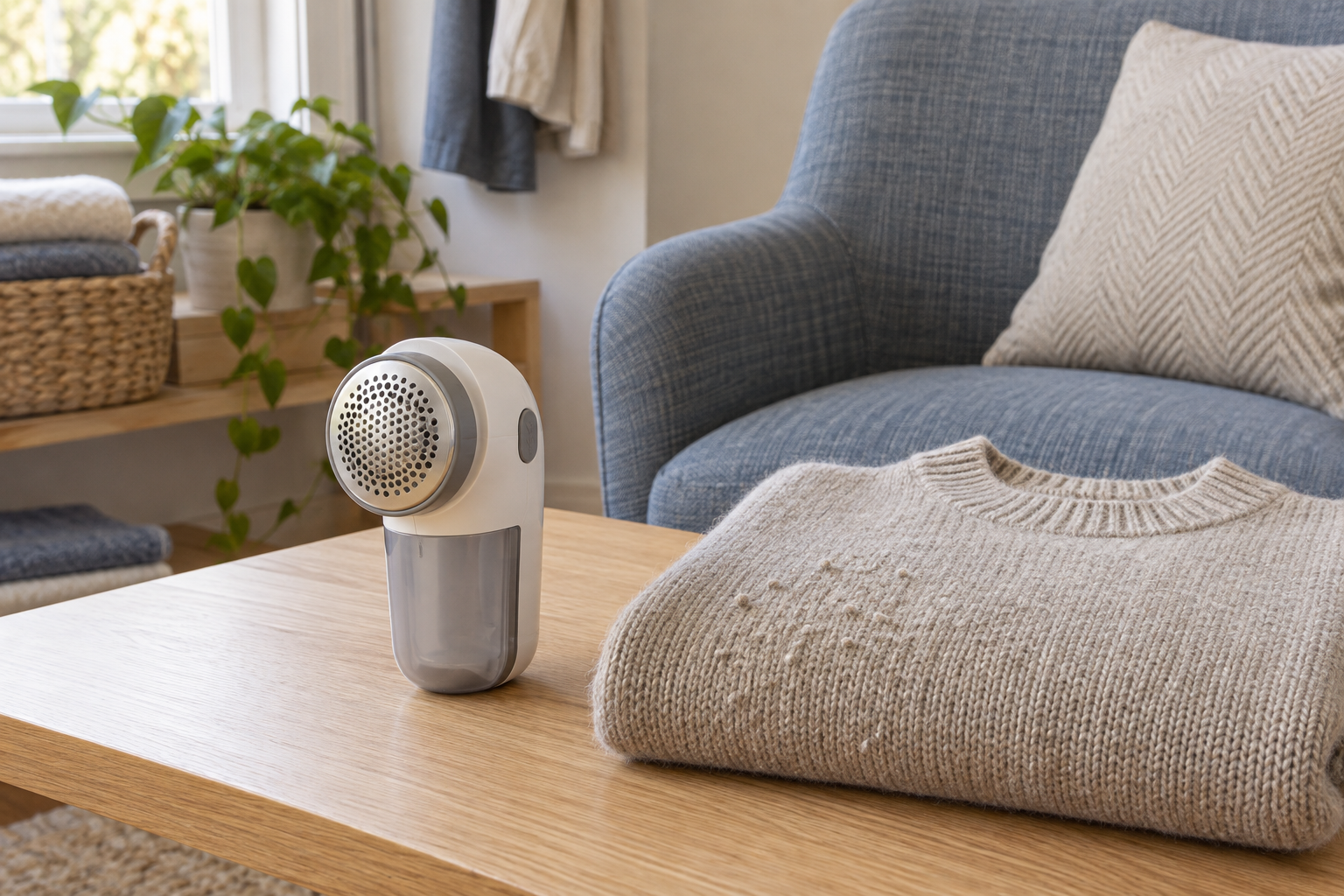 Unbranded handheld fabric shaver beside a folded pilled knit sweater and a blue upholstered chair