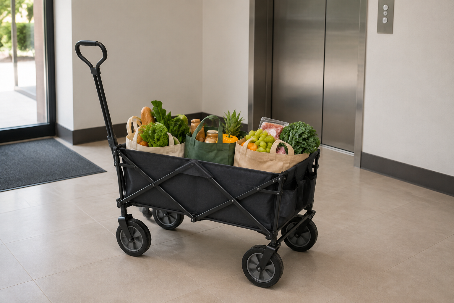 Unbranded foldable utility wagon loaded with reusable grocery bags on a level route beside an apartment elevator