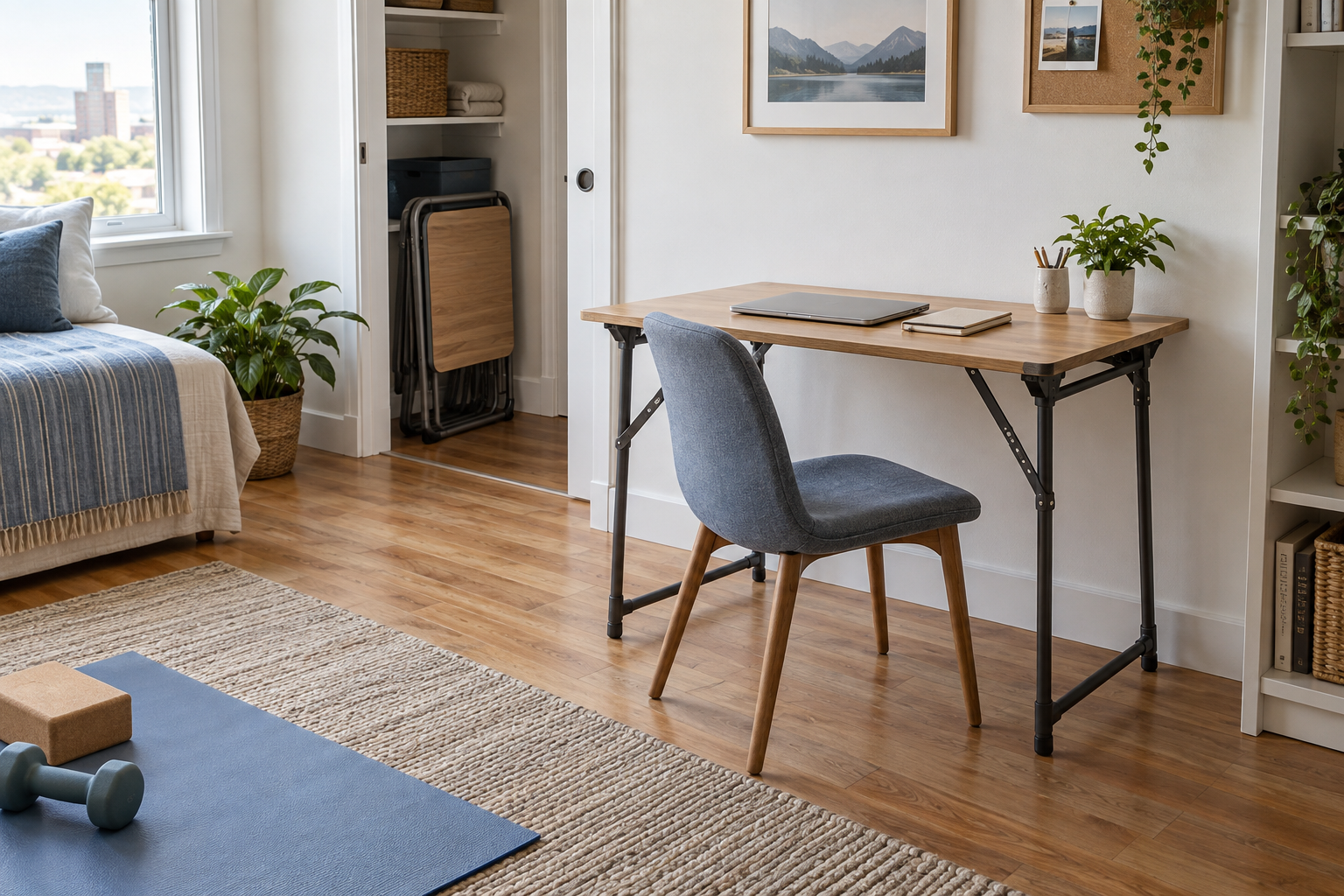 Compact wood-top folding desk open beside a storage nook in a bright bedroom that also has exercise space