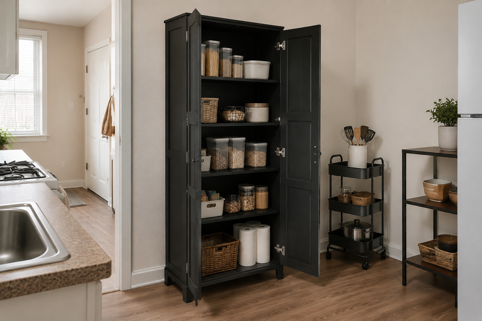 Open black freestanding pantry cabinet in a compact kitchen, showing shelf depth, door swing, floor contact, a rolling cart, and open shelves