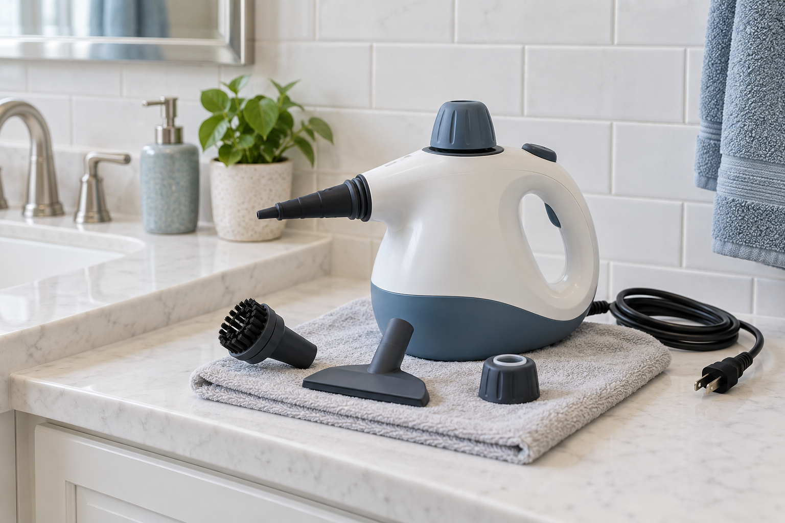 Unbranded handheld steam cleaner with an unplugged cord and several attachments resting on a dry towel beside bathroom tile