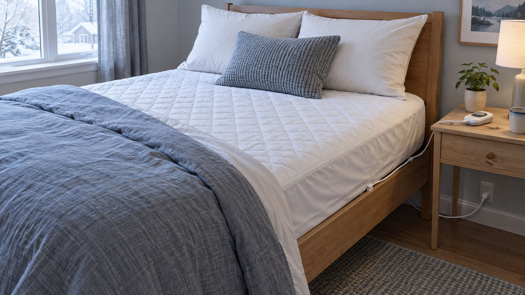White quilted heated mattress pad fitted smoothly on a bed with a controller on the bedside table and a clear cord route to a wall outlet