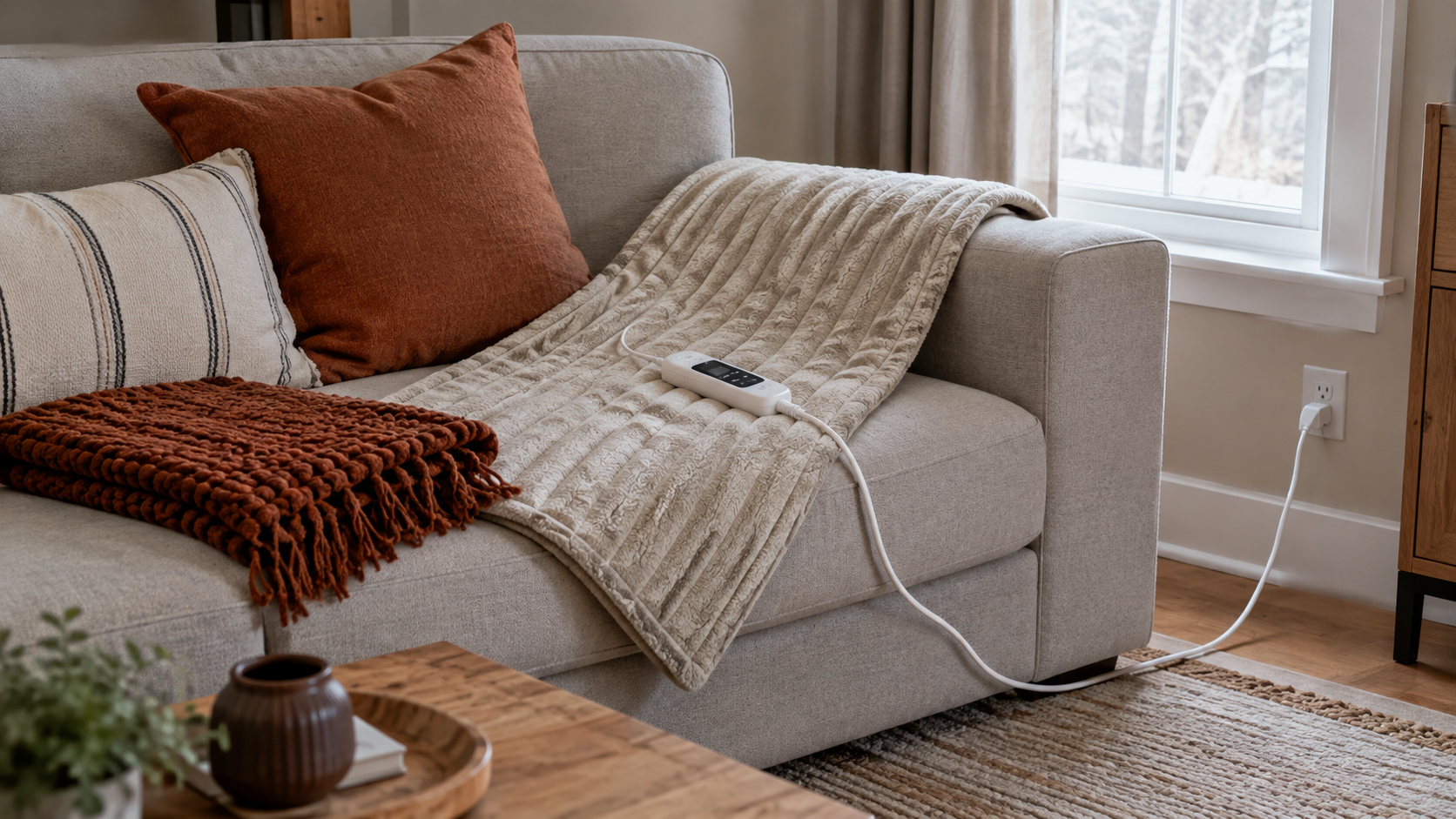 Cream heated throw lying flat on a sofa with its controller and unobstructed cord route visible beside a folded conventional throw