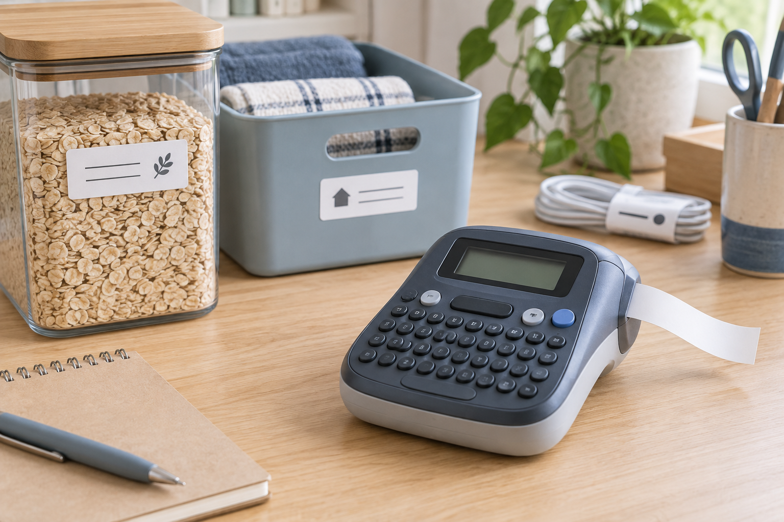 Unbranded handheld label maker on a light wood table beside a pantry container, storage bin, and coiled cable with simple labels