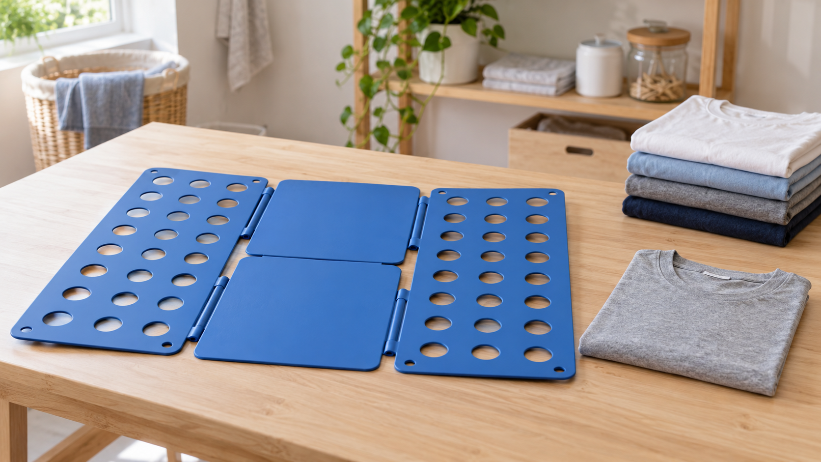 Blue hinged laundry folding board open on a light wood table beside a folded gray shirt and a stack of folded shirts