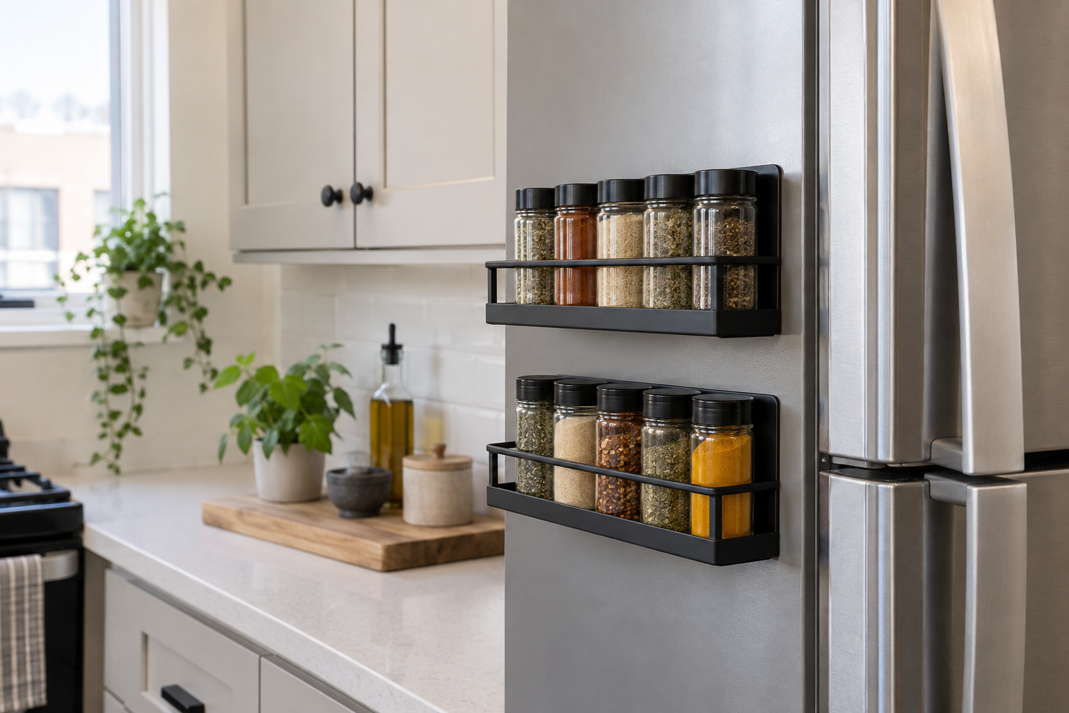 Two black magnetic spice racks holding unbranded jars on the side of a refrigerator in a compact rental kitchen