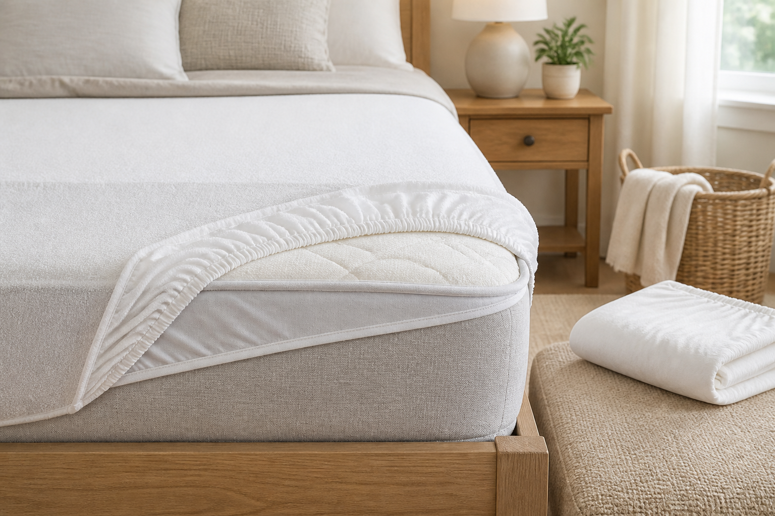 White fitted mattress protector pulled back to show its elastic skirt and mattress fit, with a folded spare protector beside the bed