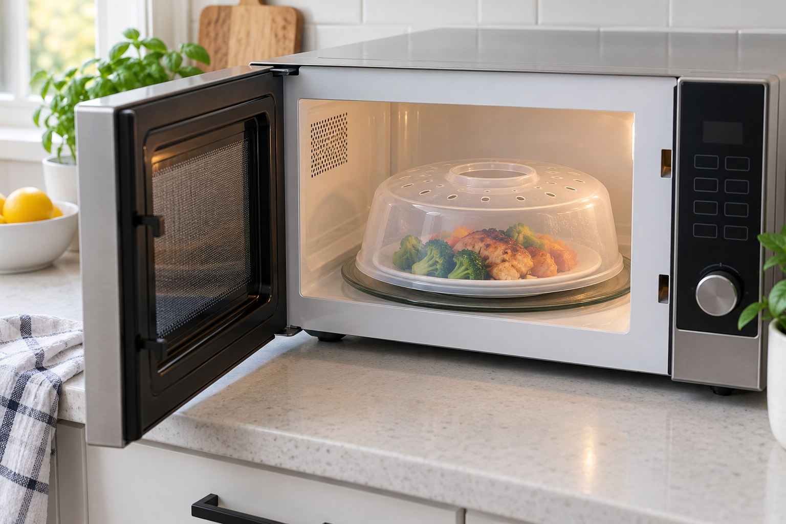 Unbranded vented reusable splatter cover fitted over a dinner plate inside an open countertop microwave
