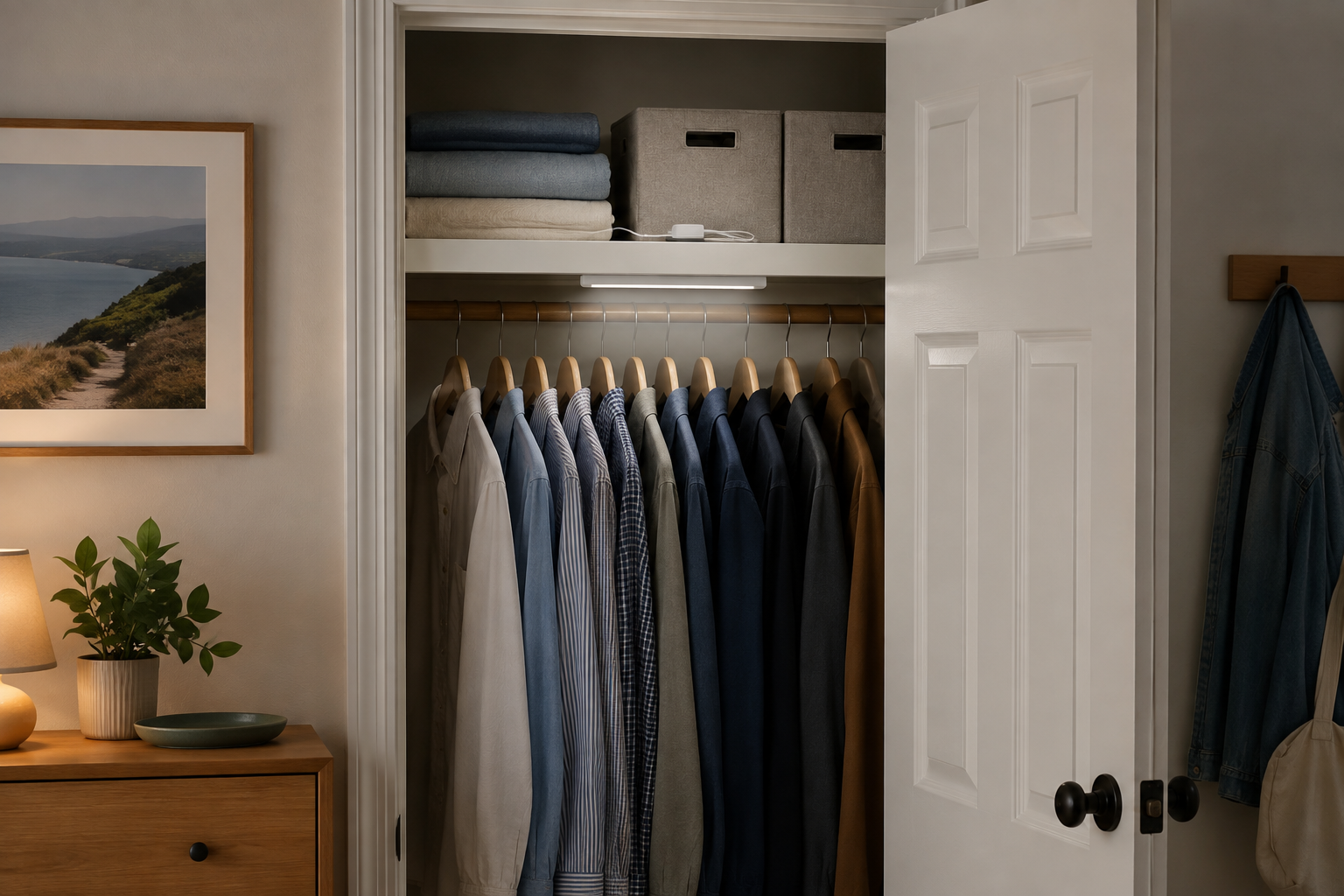 Open rental closet with a removable rechargeable light bar illuminating hanging clothes beneath a shelf, with a charging cable stored above