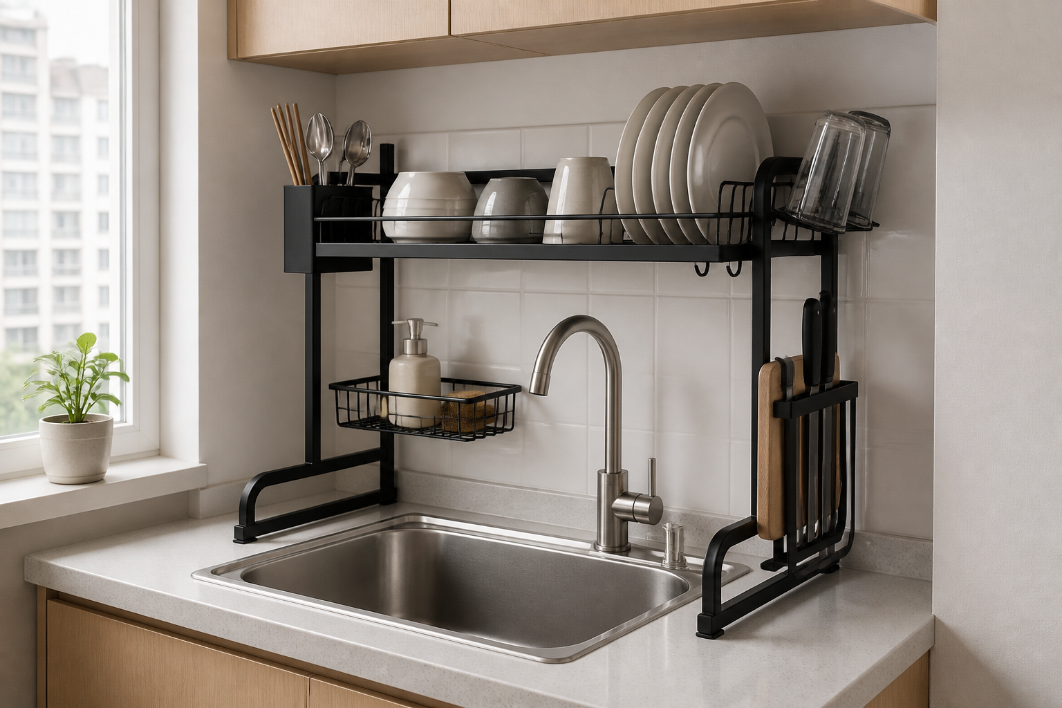 Freestanding over-sink dish rack in a small kitchen, showing the sink span, faucet height, counter supports, basin access, and upper-cabinet clearance