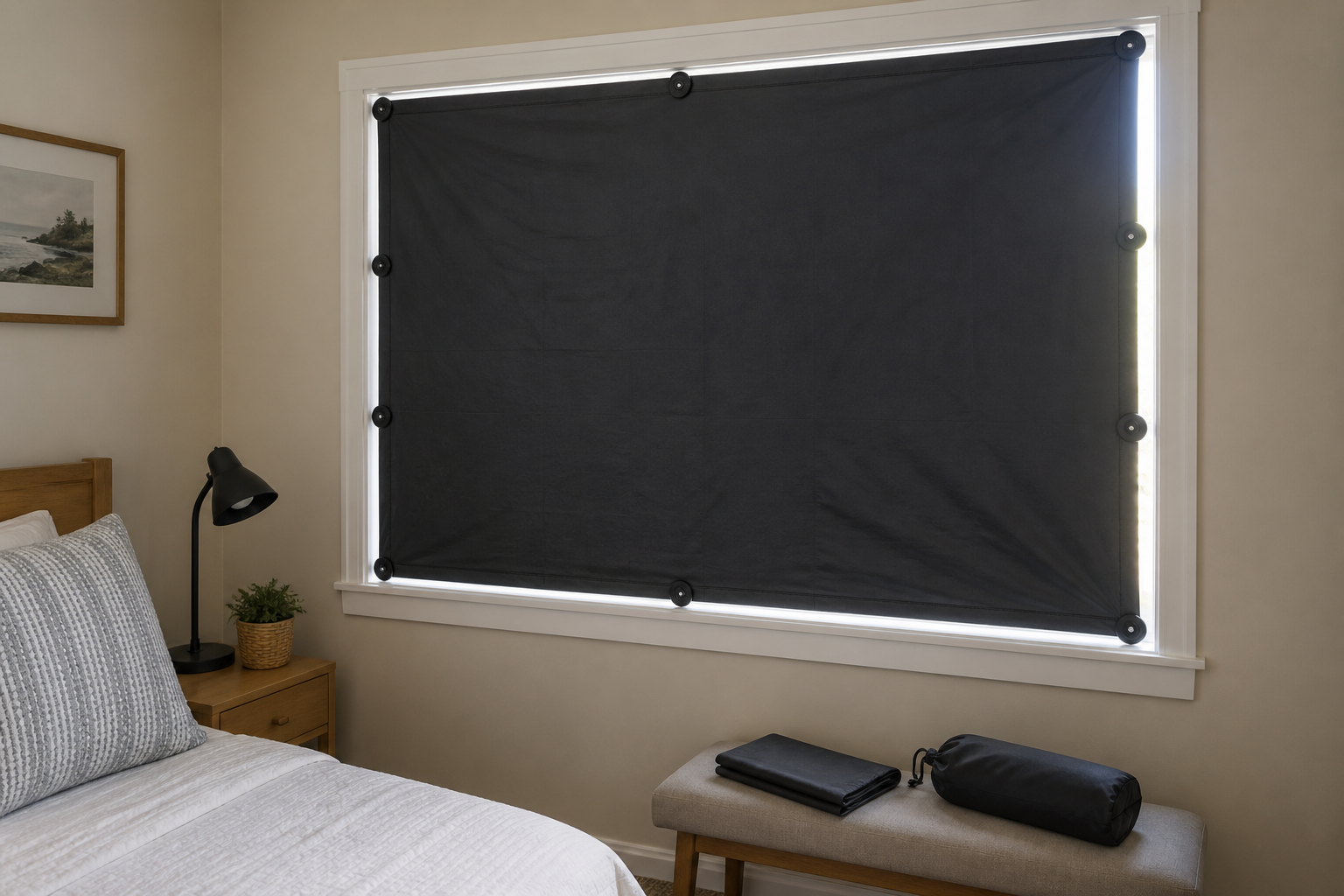 Dark portable blackout shade attached with removable mounts to a rental bedroom window, with a folded shade and storage pouch on a bench