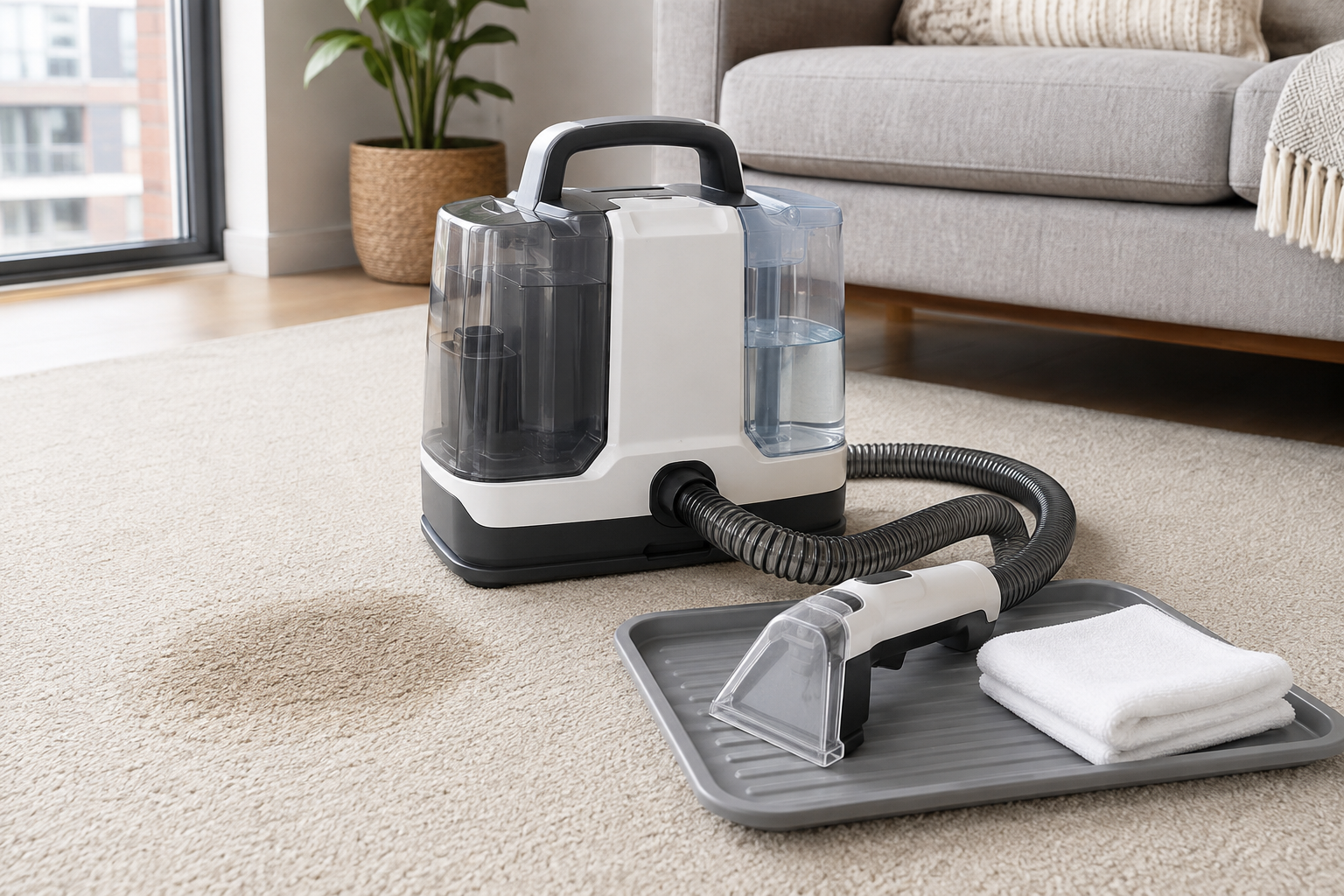 Compact unbranded portable carpet cleaner with separate tanks, hose, and extraction hand tool beside a light low-pile area rug